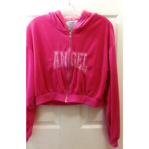 Rue 21 Velvet Cropped Hoodie Womens Sz M Angel Y2K 00's Hot Pink Glam Full Zip